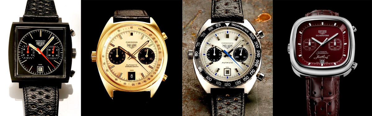 Quatro dos modelos em destaque no Leilão Haslinger: três Heuer e a reedição única do Silverstone vermelho com a assinatura de Jack Heuer © DR