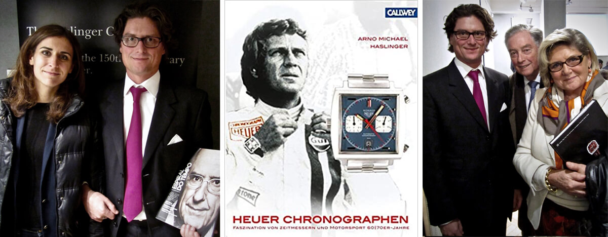 Arno Haslinger com Mathilde Tournois, então responsável pelo museu TAG Heuer, e com os seus pais; ao centro, a imagem do livro Heuer Chronographs © Miguel Seabra/Espiral do Tempo